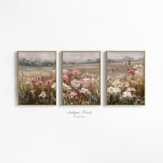 Wildflower Meadow Neutral French Country Spring Farmhouse Art Set 3 Unframed Paper Print 8x12