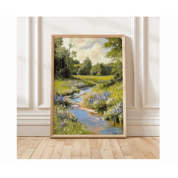 Wildflower Meadow Painting Serene Stream Landscape Poster
