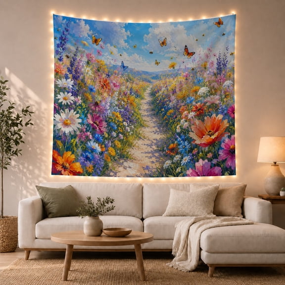 Wildflower Meadow Path in Rolling Hills, Dreamy Impressionist for Nature Lovers, Botanical Wall Art Decor, Housewarming Gift, Tapestry Wall Hanging for Bedroom and Living Room