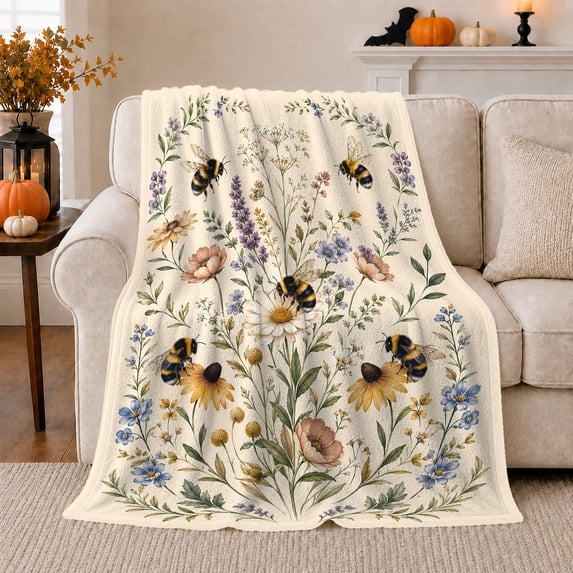 Wildflower Meadow Scene Bumblebees Floral Botanical, Cozy Friendship Quote Scene, Warm Flannel Blanket for Living Room and Reading Nook, Art Lovers Friendship Gift, Artistic Home Decor