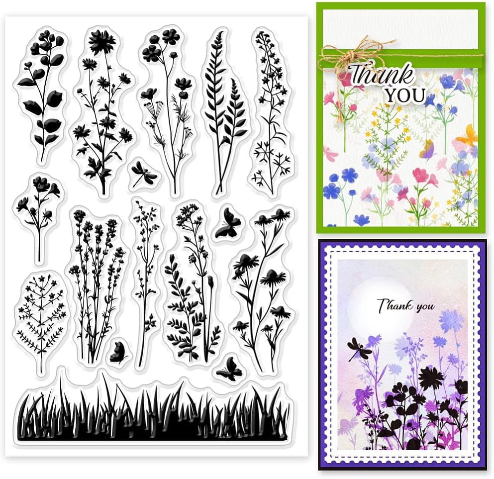 Wildflower Meadow Silhouette Clear Stamp Vintage Flowers Plants Clear ...