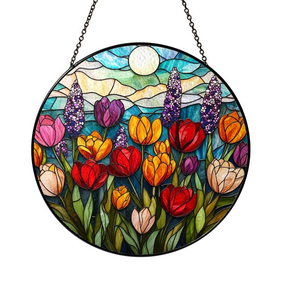 Wildflower Meadow Stained Glass Suncatcher Round Window Hanging Panel for Home Decor Colorful Nature Theme