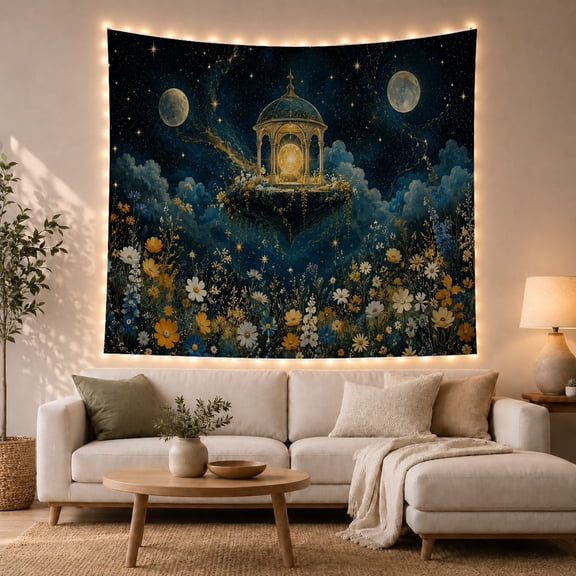 Wildflower Meadow with Two Full Moons, Dreamy Celestial Fantasy for Astronomy Fans, Magical Nighttime Decor, Housewarming Gift Tapestry Wall Hanging for Bedroom and Living Room