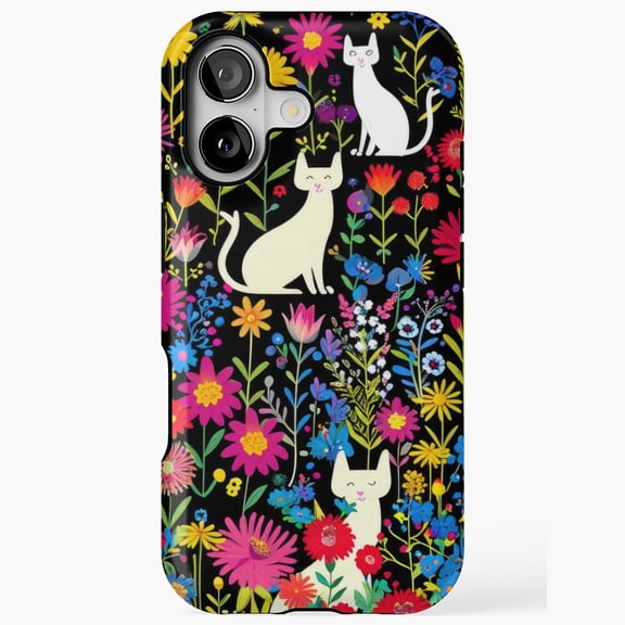 Wildflower Meadow With White Cat Pattern iPhone Case 17 16 15 14 13 12 11 Pro Max
