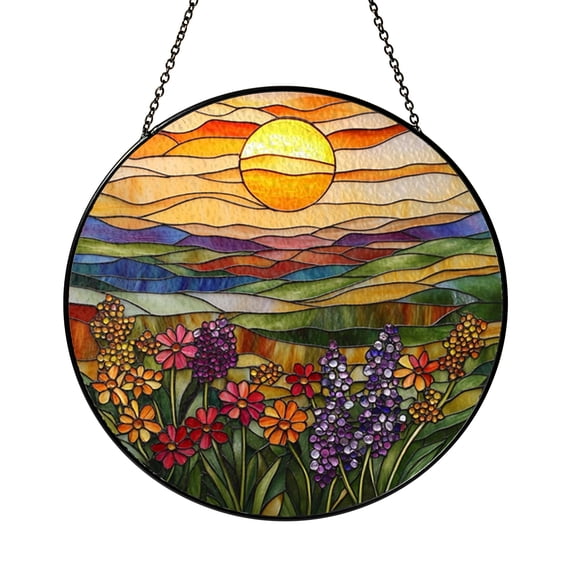 Wildflower Meadow at Sunset Stained Glass Circular Panel Decorative Glass Window Art for Home Display