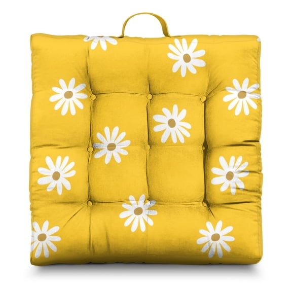 Wildflower Meditation Pillow Large 22 Inch Floor Cushion, Daisy & Bee Illustration, Dutch Velvet for Tatami & Lounge