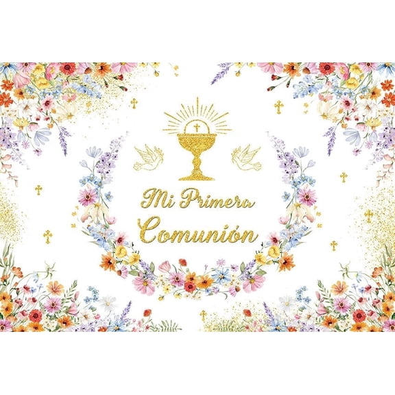 Wildflower Mi Primera Comunión Backdrop First Holy Communion Background Elegant Floral Baptism Gold Chalice Cross Party Decorations Banner Photo Studio Props