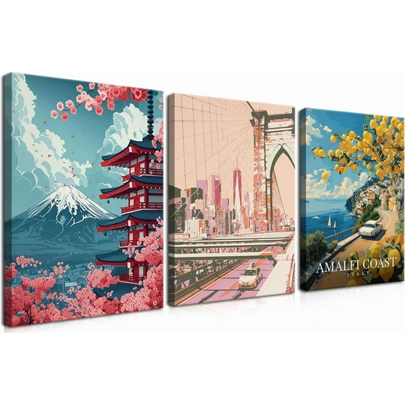 Wildflower Mountain Landscape Wall Art Set of 3, Colorful Floral Wall Decor, Boho Sunset Landscape Canvas Artwork, Earth Tone Botanical Poster Prints for Living Room Bedroom