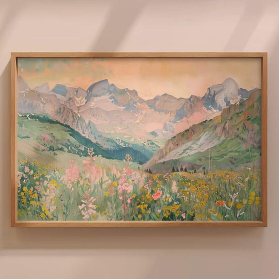 Wildflower Mountain Vintage Wildflower Field Landscape , Vintage Landscape Art Print, Country Field Wall Art, Botanical Art Poster, Unframed Paper Poster 8x10in