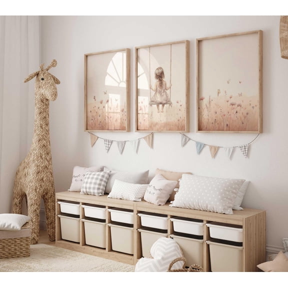 Wildflower Nursery Decor Girl on a Swing Toddler Girl Vintage Girl's Room Art Wildflower Field Set 3 Stretched Canvas 16x24
