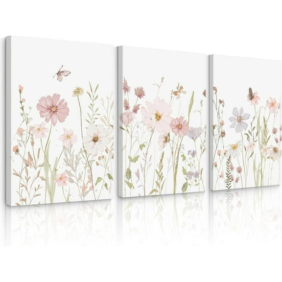 Wildflower Nursery Wall Art Decor Baby Girl Room Canvas Prints Pastel Floral Wall Art Botanical Flower Pictures Pink Blue Wildflower Painting Artwork for Girls Bedroom(Only canvas)
