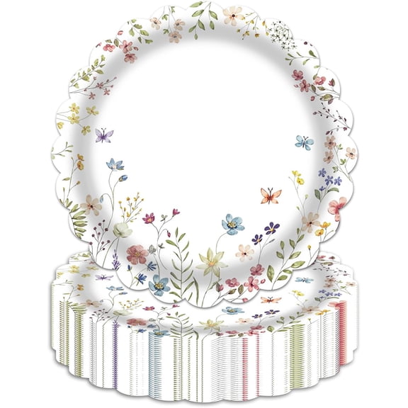 Wildflower Paper Plates,50-Pack 7 Inch Floral Disposable Plates, Elegant Flower Plates for Garden Party Decor, Baby Shower, Birthday & Tea Party Decorations