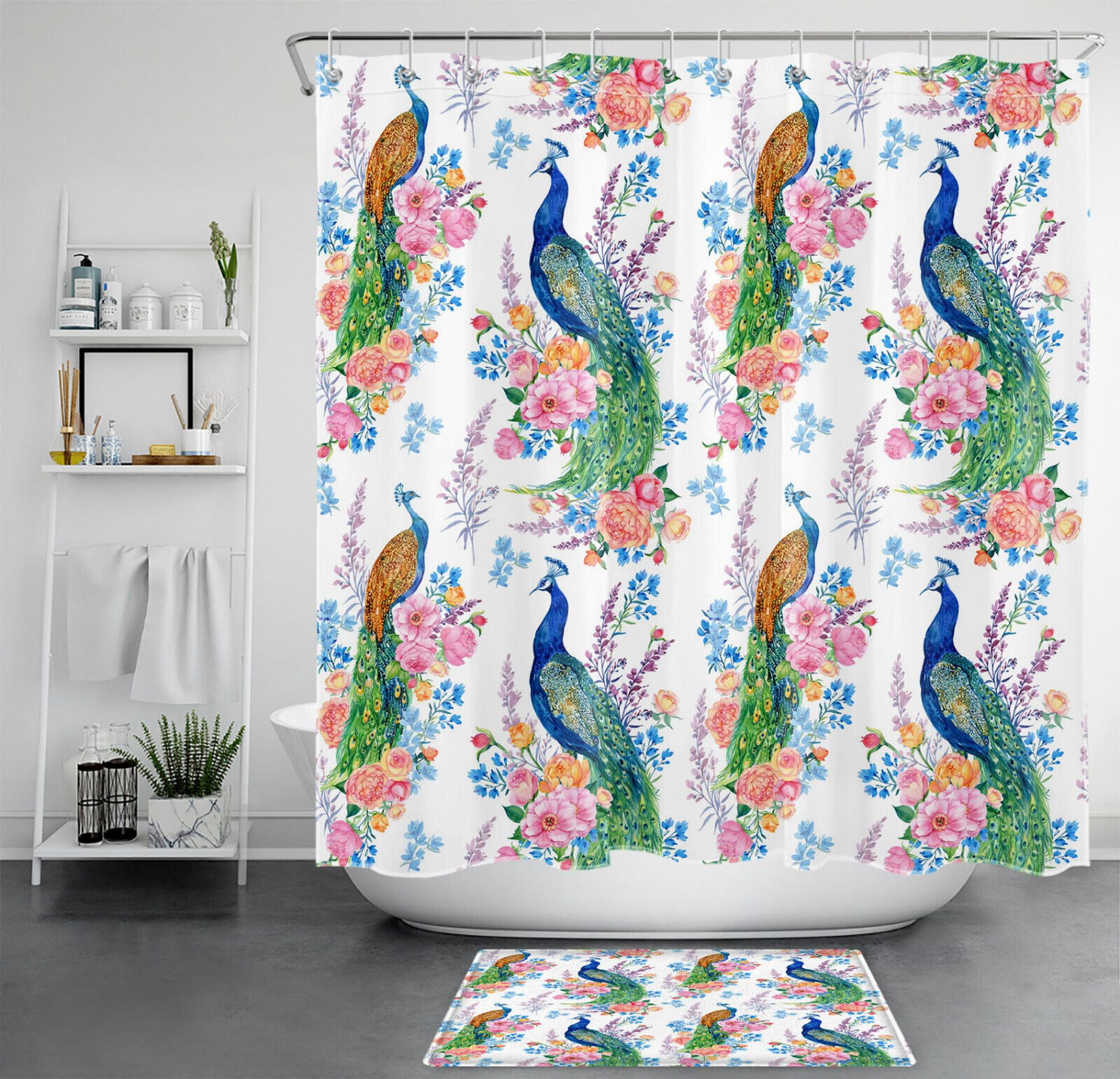 Wildflower Paradise Vibrant Peacock Blue and Pink Floral Shower