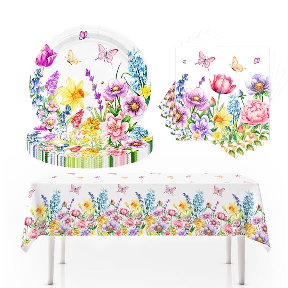 Wildflower Party Decorations Plates and Napkins Tablecloth Spring Summer Butterfly Flower Floral Party Decorations Tableware for Birthday Baby Shower Easter Party | Serve 20