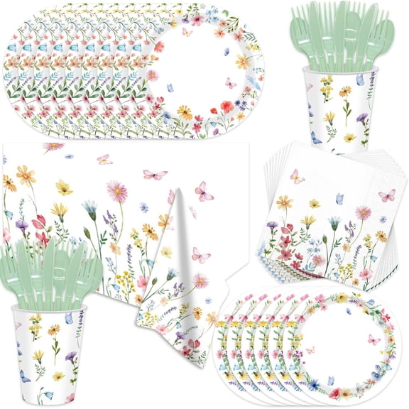 Wildflower Party Decorations Spring Floral Birthday Decorations - Tableware Plates and Napkins Forks Cups Straws Tablecloth