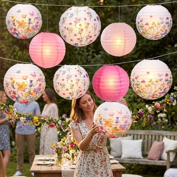 Wildflower Party Paper Lanterns - Romantic Natural Style 6-Piece Decor Set for Garden & Indoor Celebrations