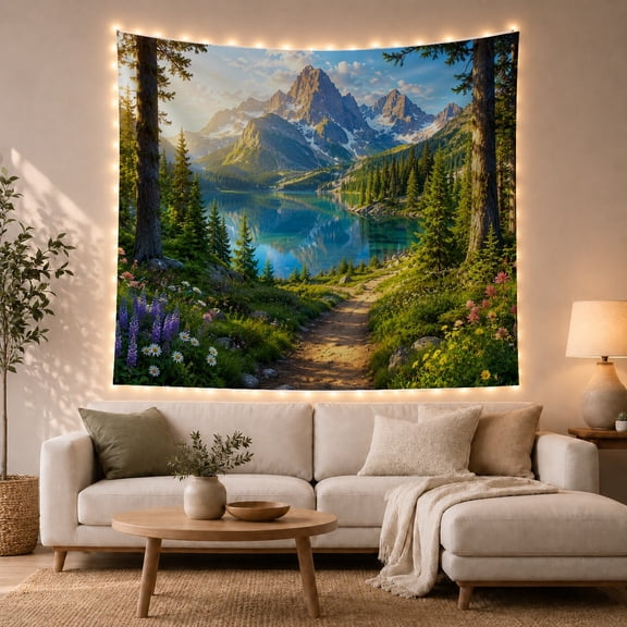 Wildflower Path Beside a Turquoise Mountain Lake, Peaceful Digital Art for Nature Lovers, Alpine Meadow Decor, Housewarming Gift, Tapestry Wall Hanging for Bedroom and Dorm