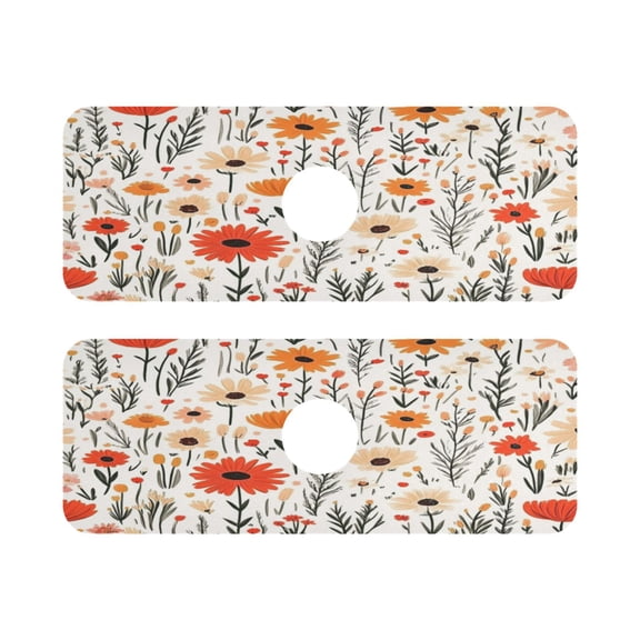 Wildflower Pattern Quick Dry Silicone Algae Faucet Pad 14.7x5.4in 2 Pack Absorbent Mat for Kitchen Sink, Bathroom Countertop