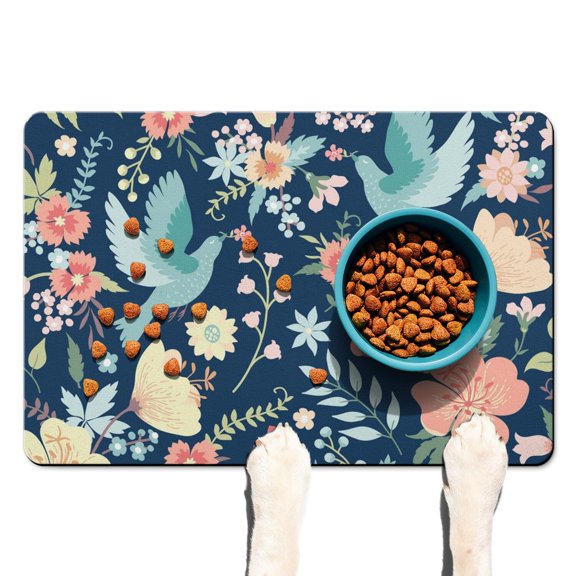 Wildflower Pet Food Mat - Butterfly and Floral Art, Waterproof Dog Feeding Mat with Rubber Grip Base