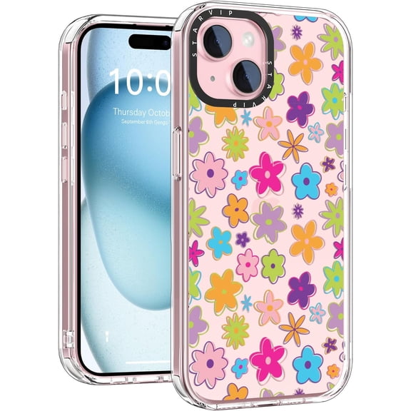 Wildflower Phone Case for iPhone 14 Cute Trendy Aesthetic Floral Design for Women & Girls - Military-Grade Drop Protection - Clear Hard Shell Protective Cover - Groovy Flower