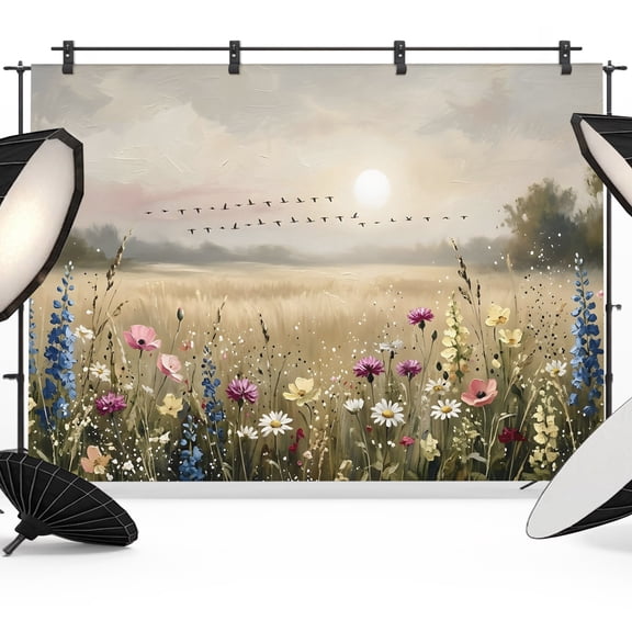 Wildflower Photography Backdrop 8x6FT, Nature Floral Flowers Sunset Birds Photo Backdrops, Background for Photography Studio Photo Studio Background, Back Drop for Photoshoot