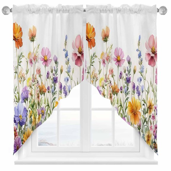 Wildflower Plant Swag Kitchen Curtain Valances, Watercolor Orange Pink Floral Rod Pocket Curtains Window Treatment Decor Valances for Bedroom Bathroom, 2 Panels 28 x 36 Inch