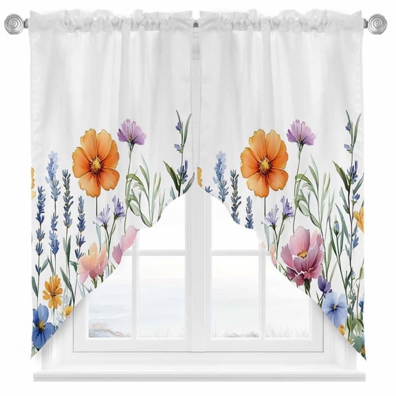 Wildflower Plant Swag Kitchen Curtain Valances, Watercolor Orange Pink Flower Rod Pocket Curtains Window Treatment Decor Valances for Bedroom Bathroom, 2 Panels 28 x 36 Inch