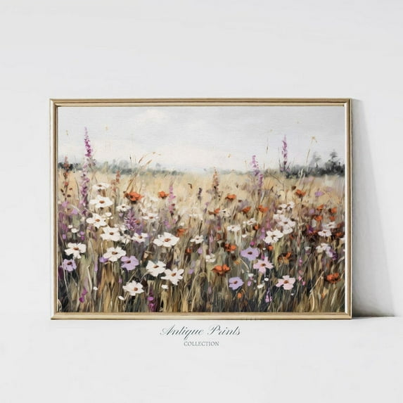 Wildflower Print, Neutral Country Vintage Wall Art, Spring Landscape, Rustic Farmhouse Decor, Poster, Unframed Canvas Size 16x24