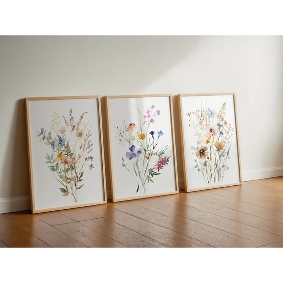 Wildflower Prints Neutral Spring Floral Art Botanical Decor Set 3 Unframed Paper Print 8x12