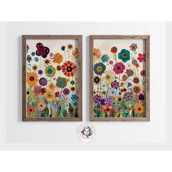 Wildflower Prints Set of 2, Gustav Klimt Prints, Flower Wall Art, Wildflower Decor, Vintage Wall Art, Boho Wall Art, Colorful Wildflowers Poster Unframed