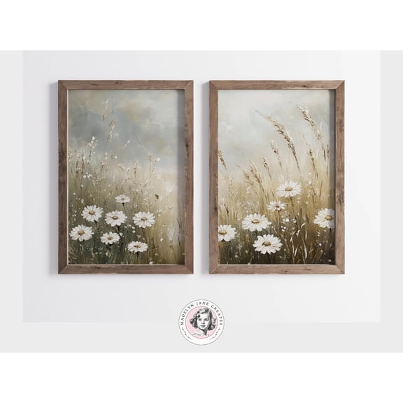 Wildflower Prints, Set of 2, Wildflower Poster, Vintage Wall Art, Landscape Painting, Neutral Split Print, Farmhouse Decor, Muted Landscape Poster Unframed