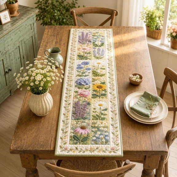 Wildflower Quilted Table Runner, Cottagecore Farmhouse Table Decor, Floral Patchwork Dining Runner