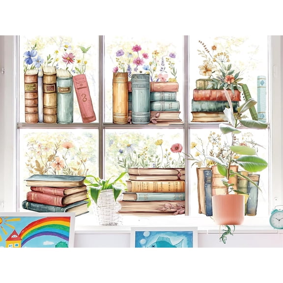 Wildflower Reading Window Clings Watercolor Floral Book Window Stickers Double Sided Glass Decals for Back to School Classroom Library Home Party Wall, 6 Sheets
