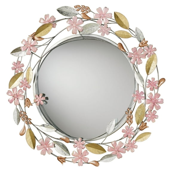 Wildflower Reflections Floral Round Wall Mirror Pink 33”Dia.x2”D