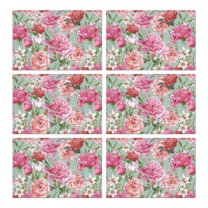 Wildflower and Rose Bloom Table Mats, Set of 6 Wrinkle Free Heat Resistant Flax Placemats with Butterfly Bee Pattern for Spring Summer Farmhouse Dining Decor
