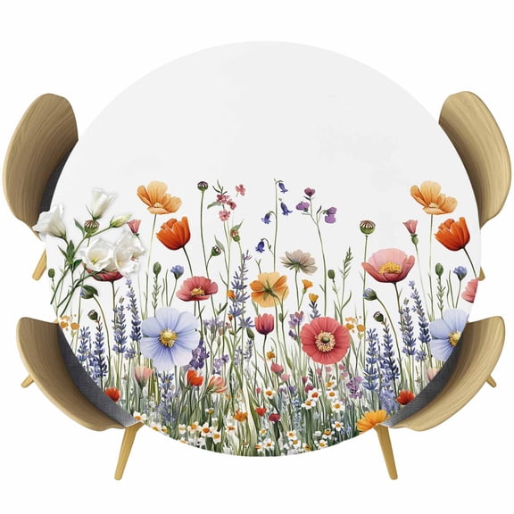 Wildflower Round Tablecloth 36-44 Inch Round Fitted Table Cloth with Elastic Edge, Spring Watercolor Plant Garden Leaf Floral Waterproof Table Cover Protector for Outdoor Picnic Party Dining