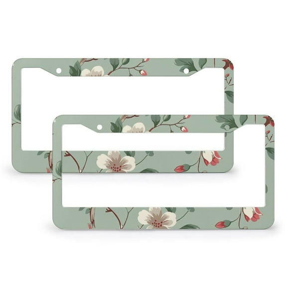 Wildflower Sage Green License Plate Cover 2 Pieces Vintage Sage Green Wild Flowers Customized Decor Car Tag Car Accessories US Canada Standard 2 Round Holes Quality Aluminum Metal License Plate Frame