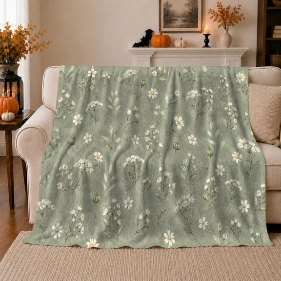 Wildflower Sage Sofa Pumpkins Rustic Fall person autumn celebration, Warm Flannel Blanket for Living Room and Reading Nook, Cozy Friendship Quote Scene, Art Lovers Thanksgiving Gift