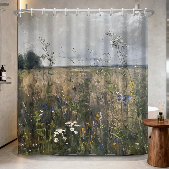 Wildflower Shower Curtain with Hooks - Vintage Watercolor Floral Botanical Print, Waterproof Fabric Bath Tub Curtain for Rustic Farmhouse Bathroom Decor, 72x72 Inches