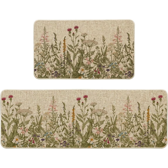 Wildflower Spring Floral Kitchen Mats Set of 2, Flowers Summer Holiday Party Low-Profile Floor Mat for Home Kitchen - 17x29 and 17x47 Inch