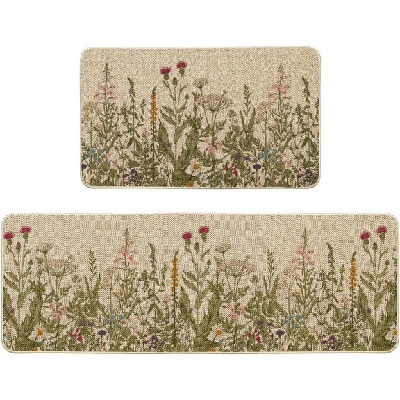 Wildflower Spring Floral Kitchen Mats Set of 2,  Summer Holiday Party Low-Profile Floor Mat for  Kitchen - 17x29 and 17x47 Inch