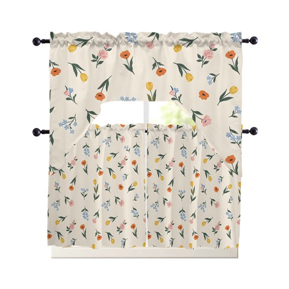 Wildflower Spring Kitchen Curtains Set for Windows 3 Piece Cafe Curtains 36 Inch Length Swag Curtains Valances and Tier Set Cottagecore Floral Rustic Summer Drapes for Bedroom Bathroom Living Room