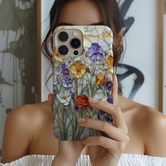 Tough 2 Layer Shockproof Protective Case Compatible with iPhone 17, Wildflower Stained Glass Botanical Mosaic Design