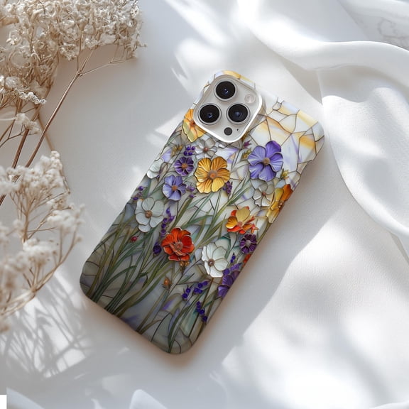Tough 2 Layer Shockproof Protective Case Compatible with iPhone 17, Wildflower Stained Glass Botanical Floral Design