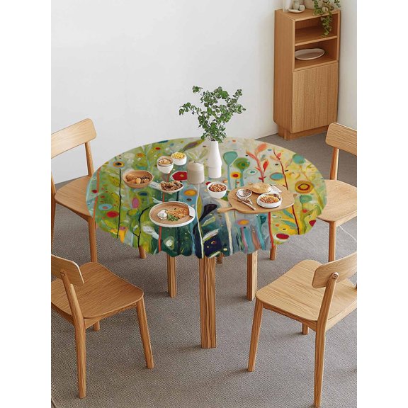 Wildflower Stalks Round Fitted Tablecloth with Elastic Edge, Rustic Whimsical Green Red Yellow Multicolor Dots Waterproof Stretch Table Covers for 36"-44" Tables Wipeable Table Cloth for Outdoor