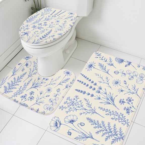 Wildflower Stems Bathroom Rugs Mat Sets 3 Piece, Rustic Blue Floral Lavender Chamomile Flowers Leaf Absorbent Bathroom Mat Set with Non-Slip Rug, Toilet Lid Cover and Bath Floor Carpet Large Size