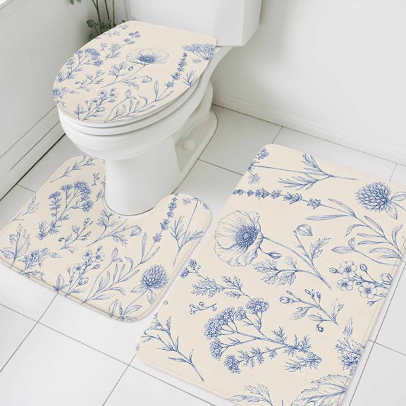 Wildflower Stems Bathroom Rugs Set Rustic Blue Floral Poppy Blossoms Lavender Leaves Non Slip Absorbent Soft Bath Mats 3 Piece Set with Bathroom Rug, U-Shaped Floor Mat, Toilet Seat Cover Small Size