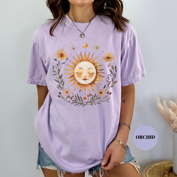 Wildflower Sun & Moon T-Shirt, Mystical Bohemian Attire, Crescent Sun Aesthetic, Cotton Oversized Tee, Hippy Clothes, Boho Garden Shirt SWEATSHIRT All Size S-5XL