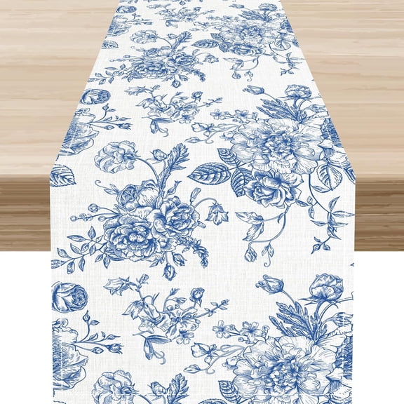 Wildflower Table Runner, Blue Sketch Floral Spring Summer Seasonal Flower Boho Farmhouse Home Kitchen Dining Table Decoration 13"x72"