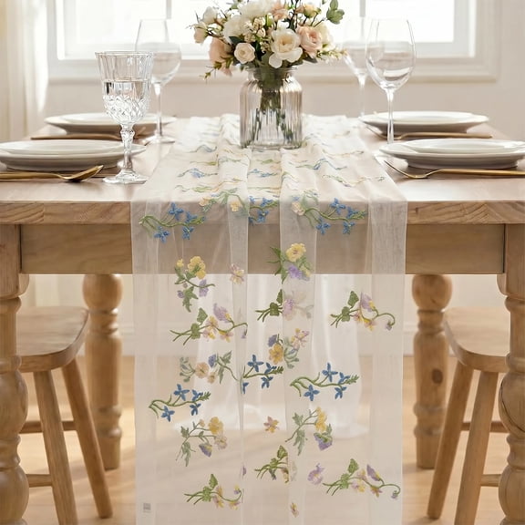 Wildflower Table Runner Embroidery Wildflower Spring Summer Tulle Table Runner for Wedding Bridal Shower Dining Decor,70.87*57.09in